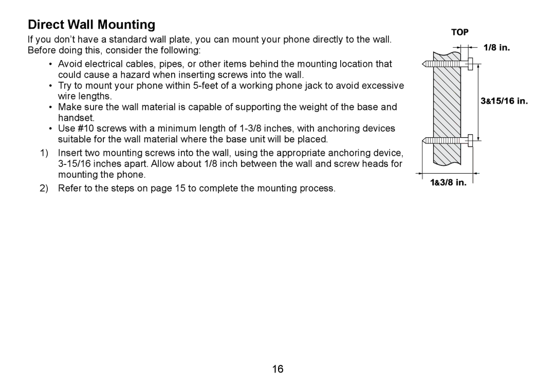 Uniden TRU9485Series, TRU9085 Series, TRU9485-2 manual Direct Wall Mounting 