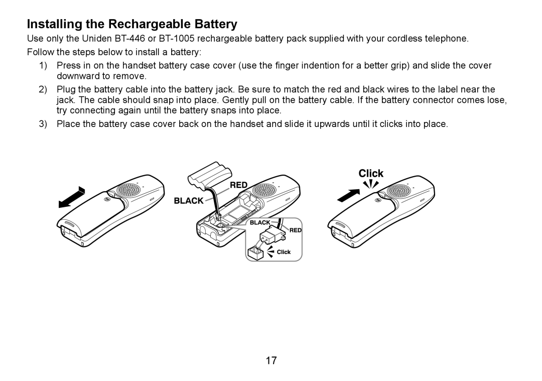 Uniden TRU9085 Series, TRU9485-2, TRU9485Series manual Installing the Rechargeable Battery 