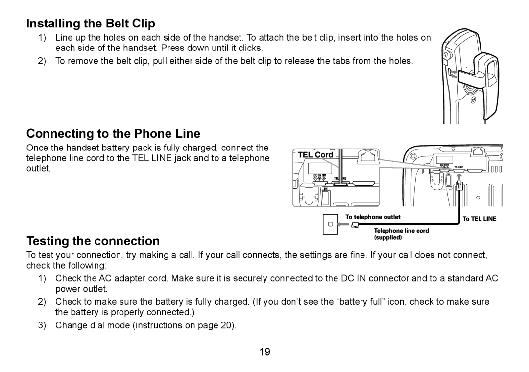 Uniden TRU9485Series, TRU9085 Series manual Installing the Belt Clip, Connecting to the Phone Line, Testing the connection 