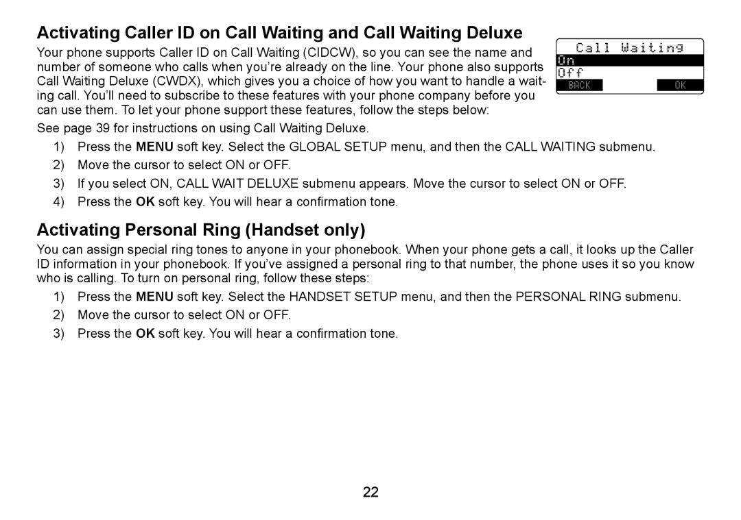 Uniden TRU9485Series Activating Caller ID on Call Waiting and Call Waiting Deluxe, Activating Personal Ring Handset only 