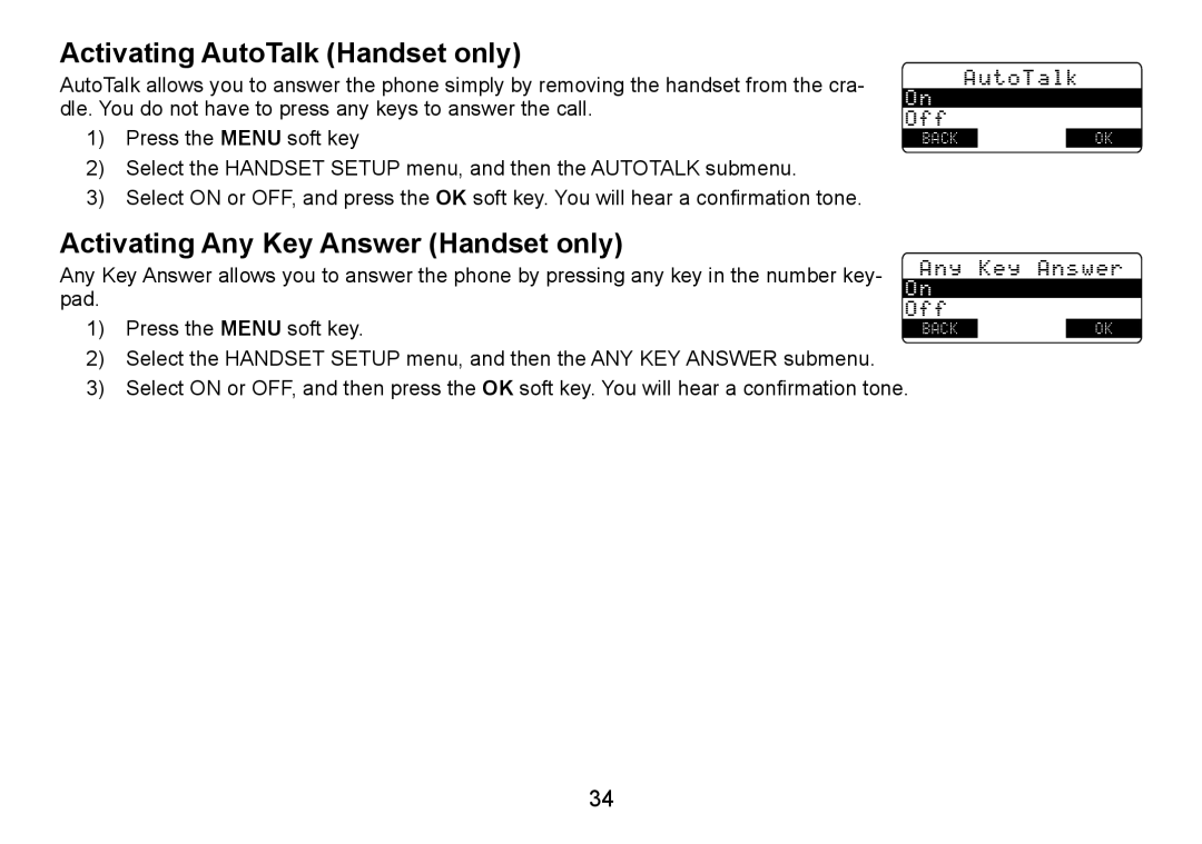 Uniden TRU9485Series, TRU9085 Series, TRU9485-2 Activating AutoTalk Handset only, Activating Any Key Answer Handset only 