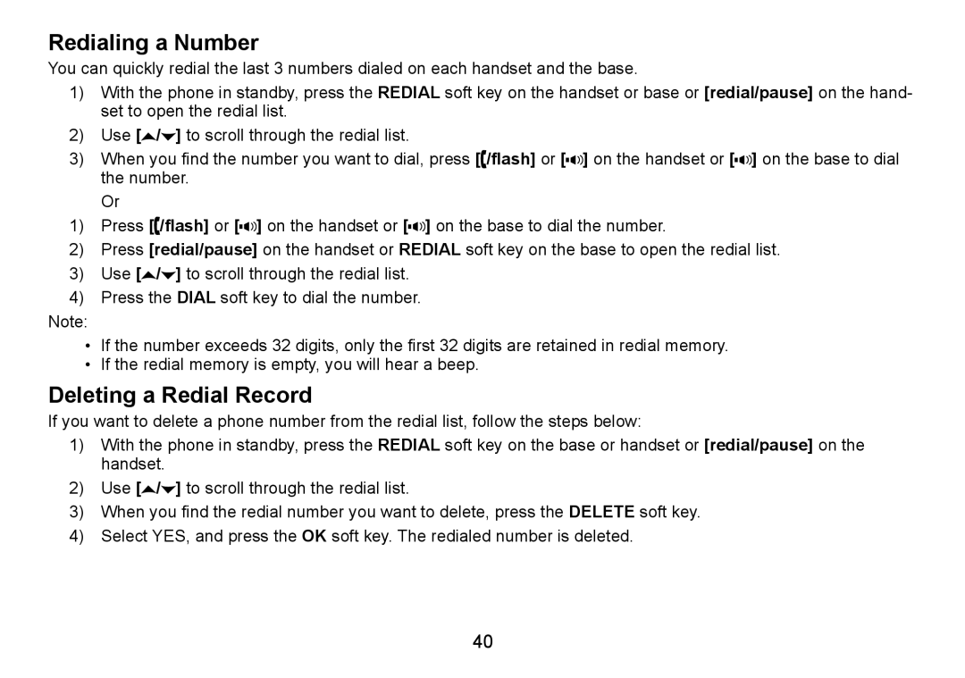 Uniden TRU9485Series, TRU9085 Series, TRU9485-2 manual Redialing a Number, Deleting a Redial Record 