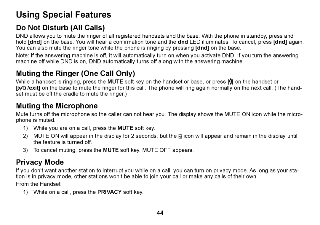 Uniden TRU9085 Series Using Special Features, Do Not Disturb All Calls, Muting the Ringer One Call Only, Privacy Mode 