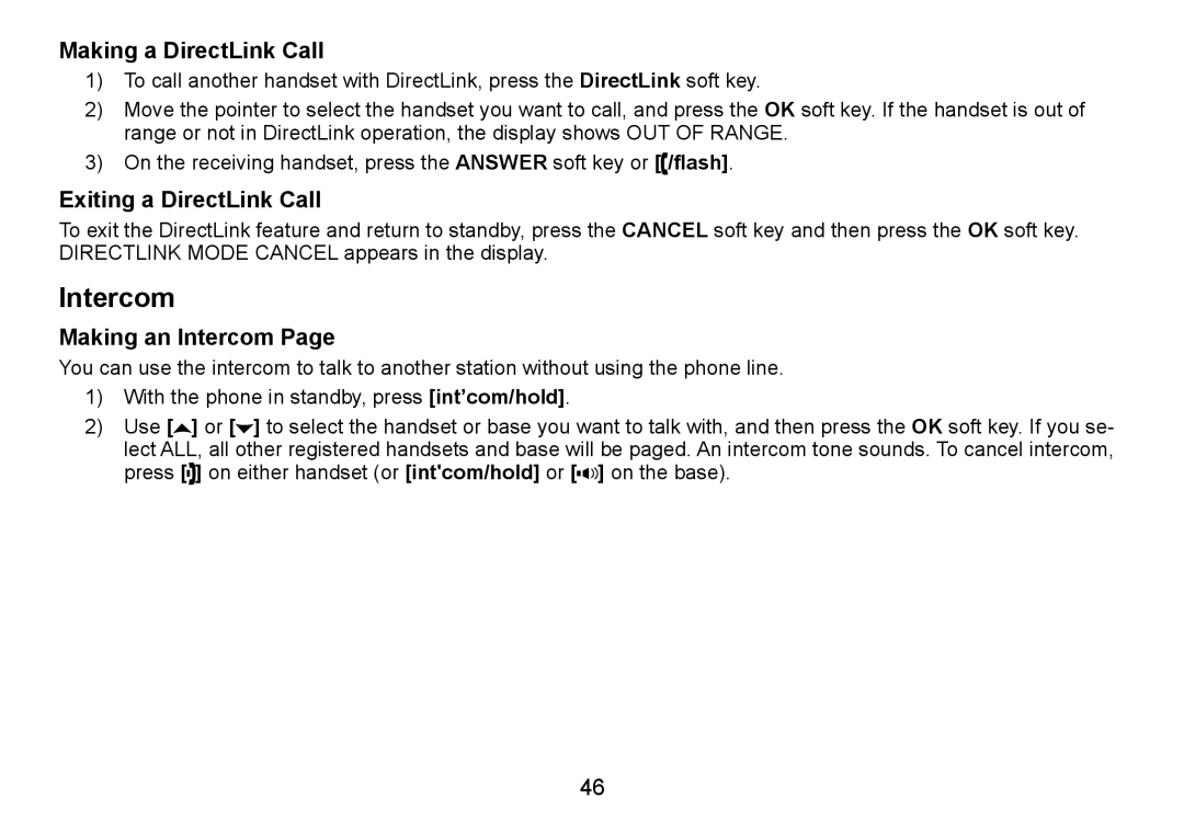 Uniden TRU9485Series, TRU9085 Series, TRU9485-2 Making a DirectLink Call, Exiting a DirectLink Call, Making an Intercom 