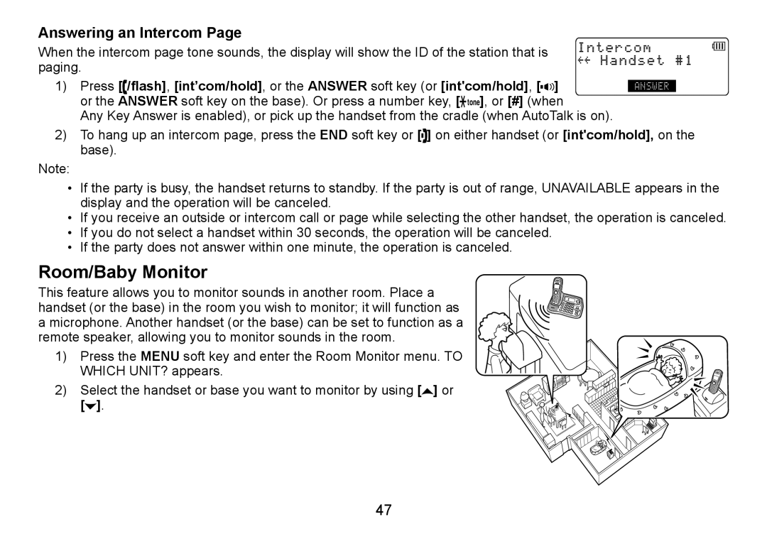 Uniden TRU9085 Series, TRU9485-2, TRU9485Series manual Room/Baby Monitor, Answering an Intercom 