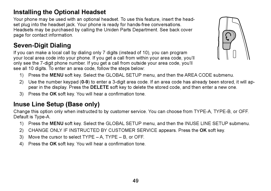 Uniden TRU9485Series, TRU9085 Series manual Installing the Optional Headset, Seven-Digit Dialing, Inuse Line Setup Base only 