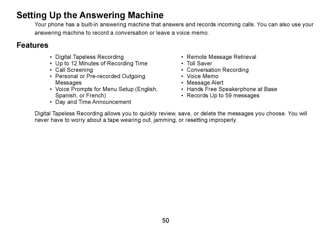 Uniden TRU9085 Series, TRU9485-2, TRU9485Series manual Setting Up the Answering Machine, Features 