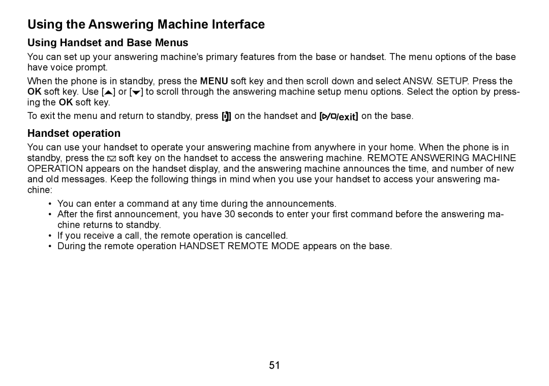 Uniden TRU9485-2, TRU9085 Series Using the Answering Machine Interface, Using Handset and Base Menus, Handset operation 