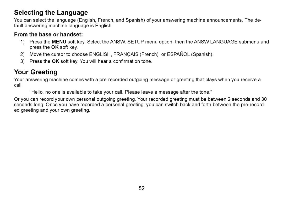 Uniden TRU9485Series, TRU9085 Series, TRU9485-2 manual Selecting the Language, Your Greeting, From the base or handset 