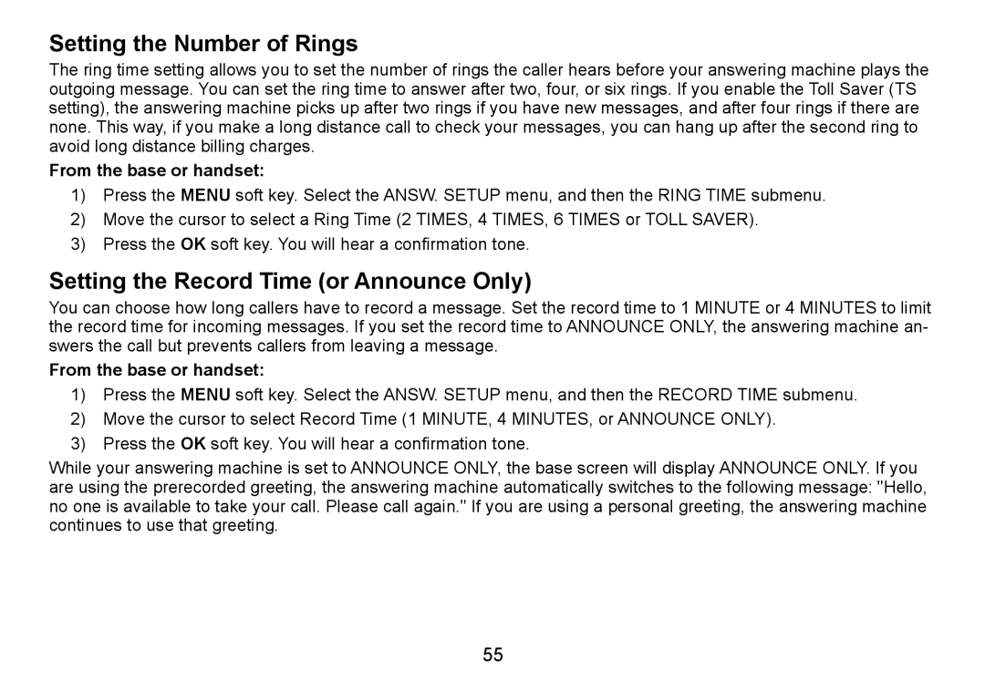 Uniden TRU9485Series manual Setting the Number of Rings, Setting the Record Time or Announce Only, From the base or handset 