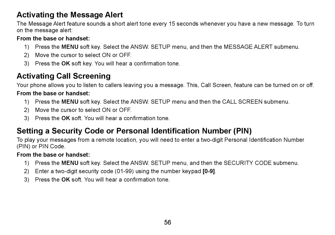 Uniden TRU9085 Series, TRU9485-2, TRU9485Series manual Activating the Message Alert, Activating Call Screening 