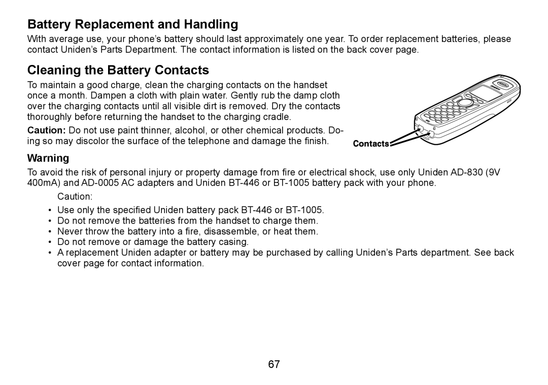 Uniden TRU9485Series, TRU9085 Series, TRU9485-2 manual Battery Replacement and Handling, Cleaning the Battery Contacts 