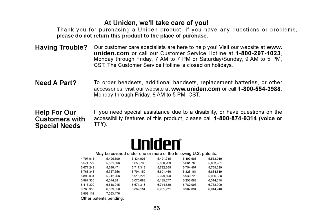 Uniden TRU9085 Series manual At Uniden, we’ll take care of you, Please do not return this product to the place of purchase 