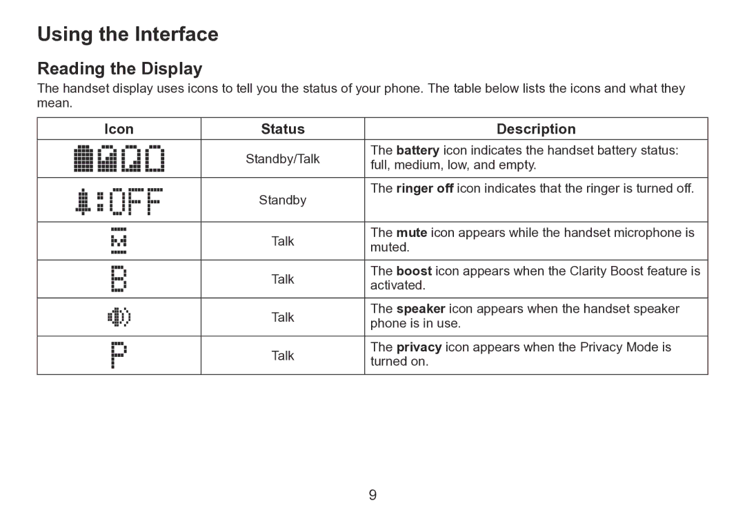 Uniden TRU9260 Series manual Using the Interface, Reading the Display, Icon Status Description 