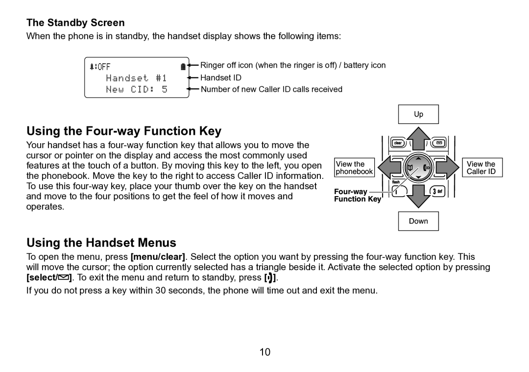 Uniden TRU9260 Series manual Using the Four-way Function Key, Using the Handset Menus, Standby Screen 