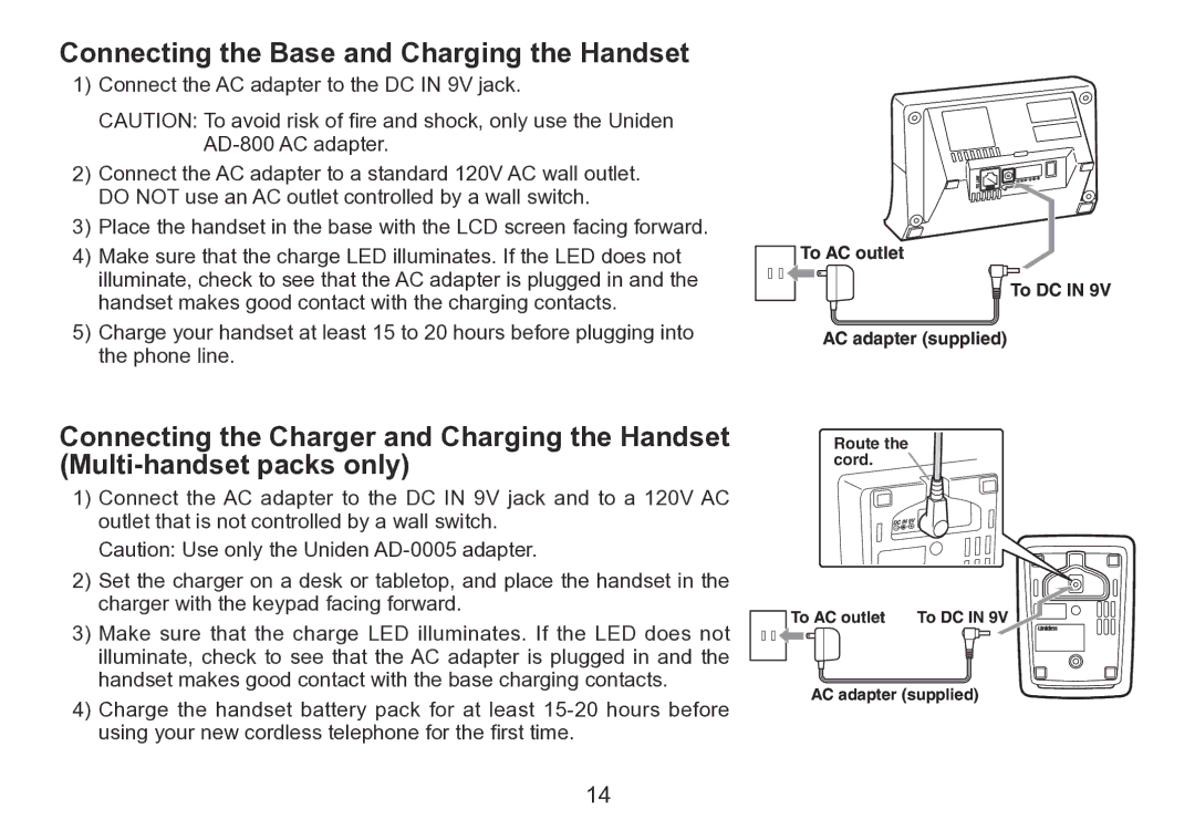 Uniden TRU9260 Series manual Connecting the Base and Charging the Handset 