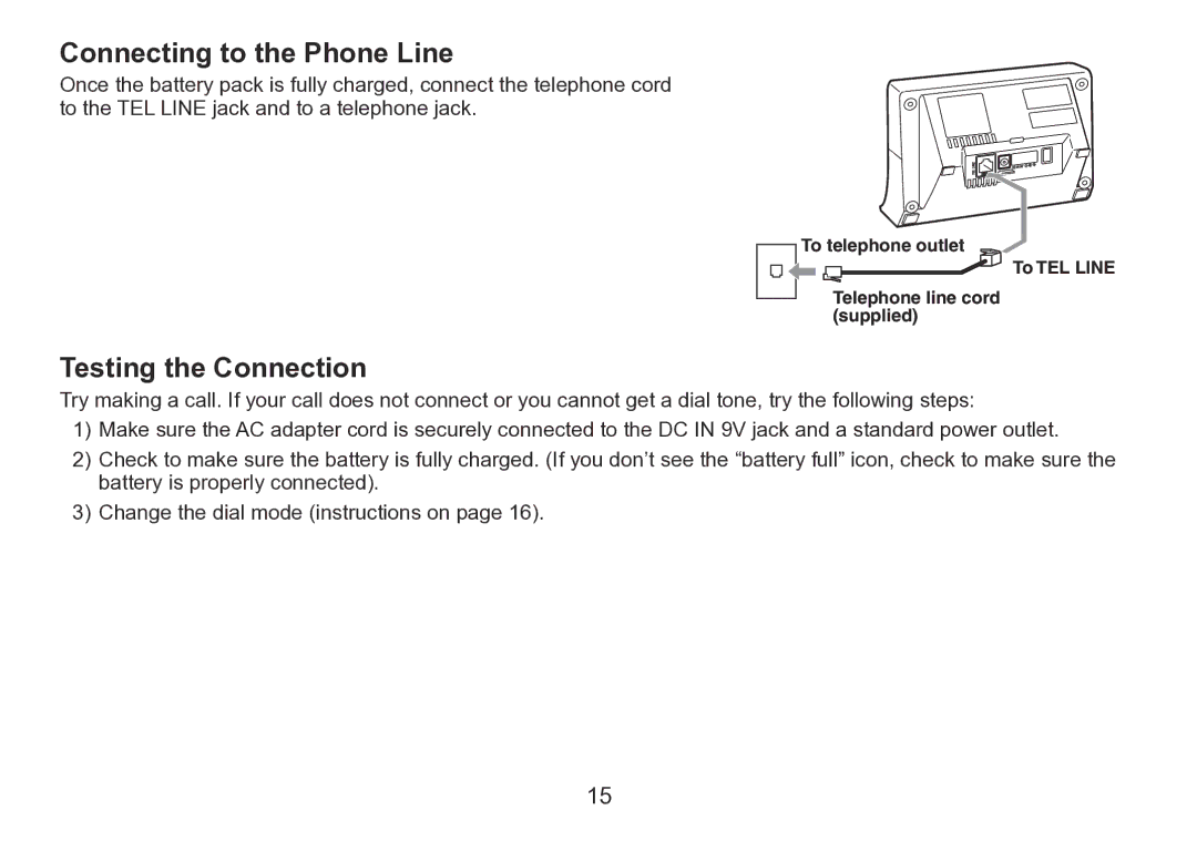 Uniden TRU9260 Series manual Connecting to the Phone Line, Testing the Connection 