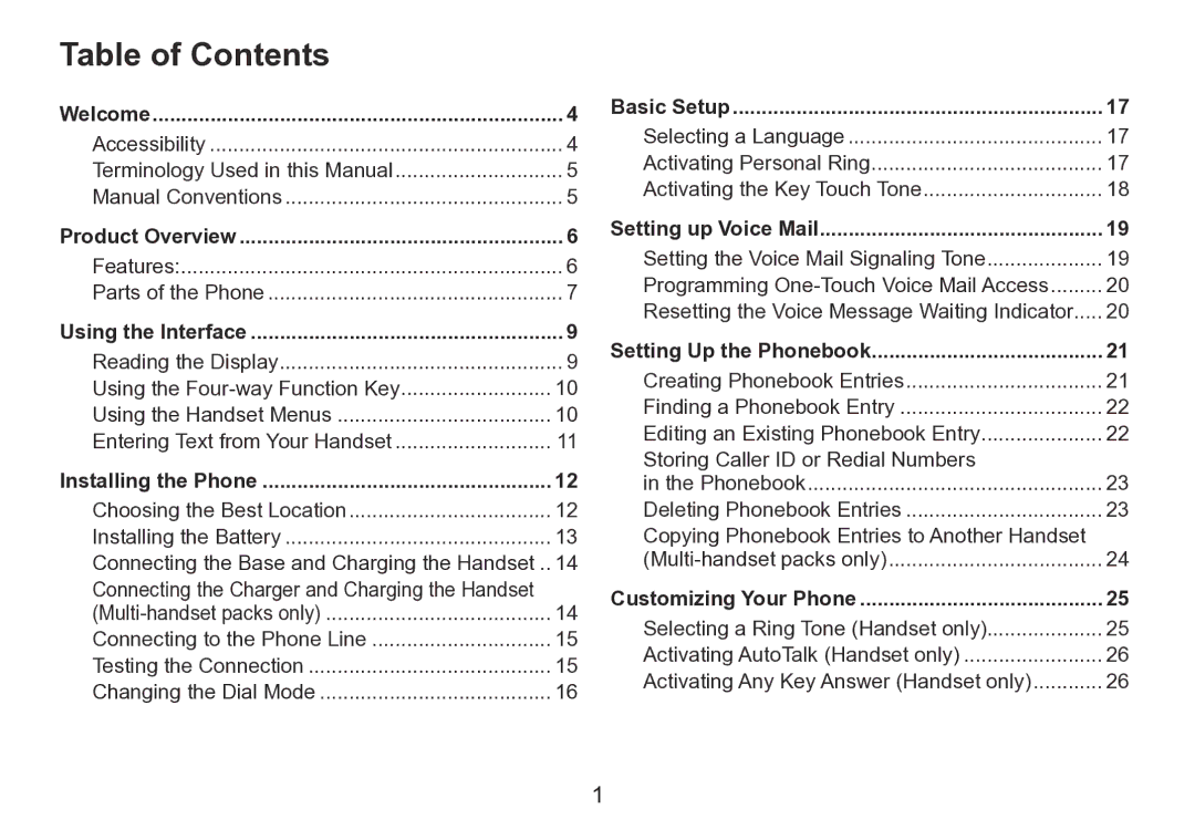 Uniden TRU9260 Series manual Table of Contents 