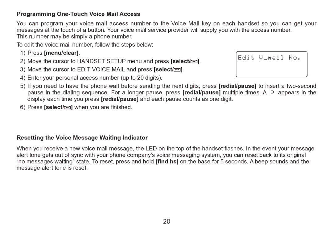 Uniden TRU9260 Series manual Programming One-Touch Voice Mail Access, Press menu/clear 