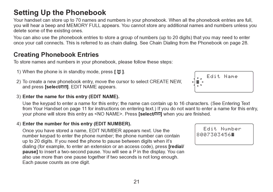 Uniden TRU9260 Series manual Setting Up the Phonebook, Creating Phonebook Entries, Enter the name for this entry Edit Name 