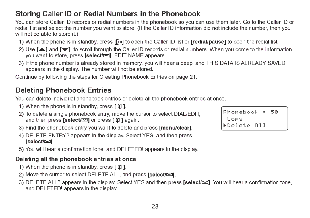 Uniden TRU9260 Series manual Storing Caller ID or Redial Numbers in the Phonebook, Deleting Phonebook Entries 