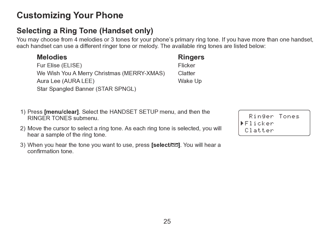 Uniden TRU9260 Series manual Customizing Your Phone, Selecting a Ring Tone Handset only, Ringers 