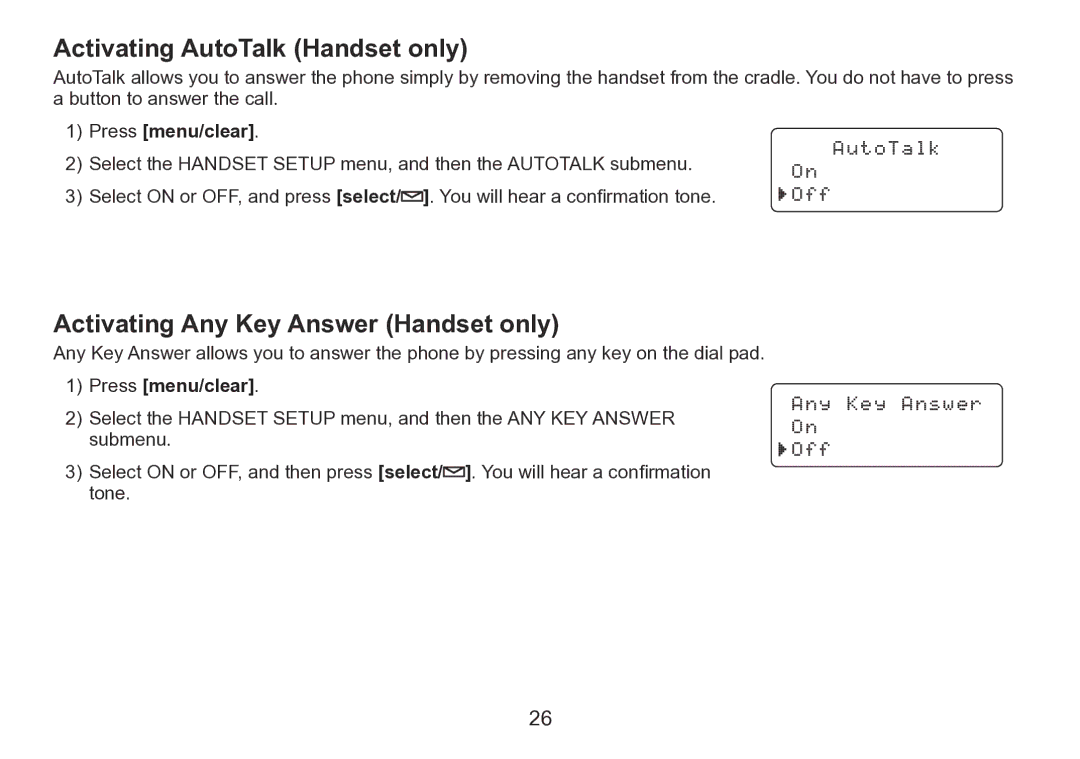 Uniden TRU9260 Series manual Activating AutoTalk Handset only, Activating Any Key Answer Handset only,  Press menu/clear 