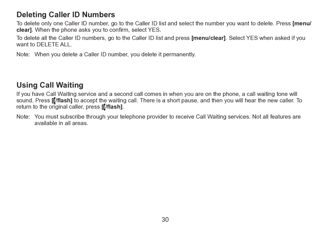 Uniden TRU9260 Series manual Deleting Caller ID Numbers, Using Call Waiting 