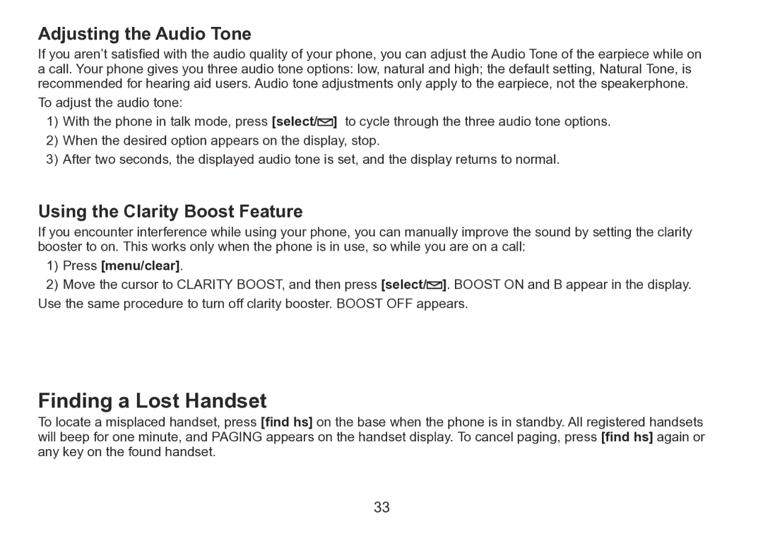 Uniden TRU9260 Series manual Finding a Lost Handset, Adjusting the Audio Tone, Using the Clarity Boost Feature 