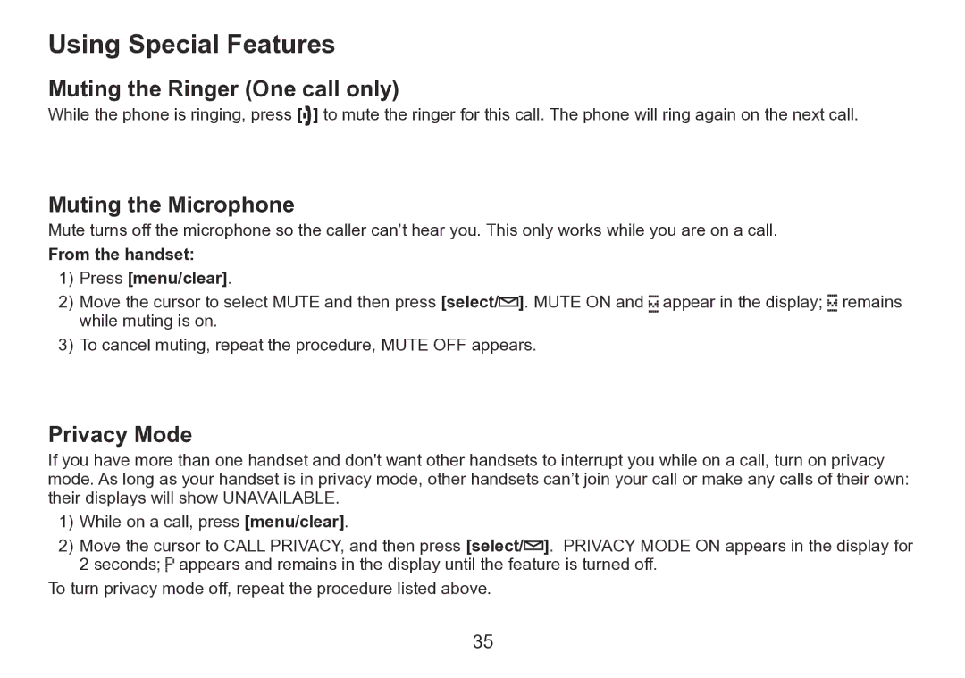 Uniden TRU9260 Series manual Using Special Features, Muting the Ringer One call only, Muting the Microphone, Privacy Mode 