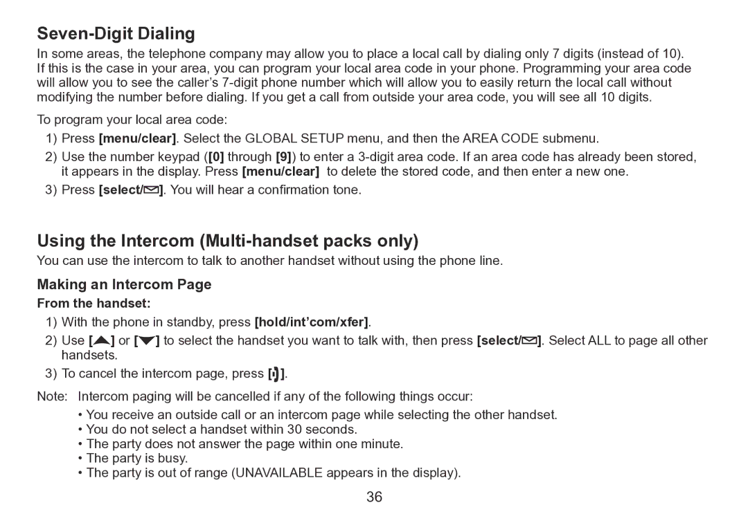 Uniden TRU9260 Series manual Seven-Digit Dialing, Using the Intercom Multi-handset packs only, Making an Intercom 