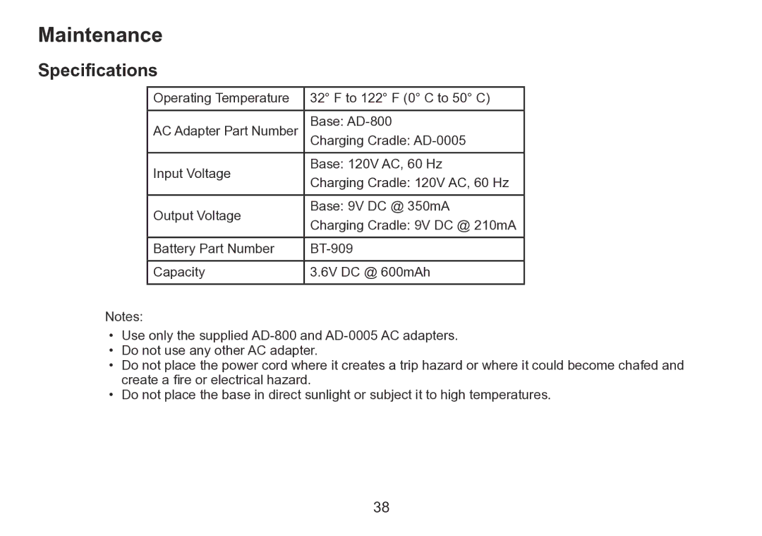 Uniden TRU9260 Series manual Maintenance, Specifications 