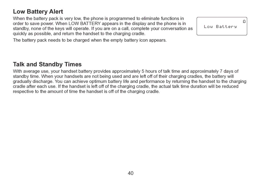 Uniden TRU9260 Series manual Low Battery Alert, Talk and Standby Times 