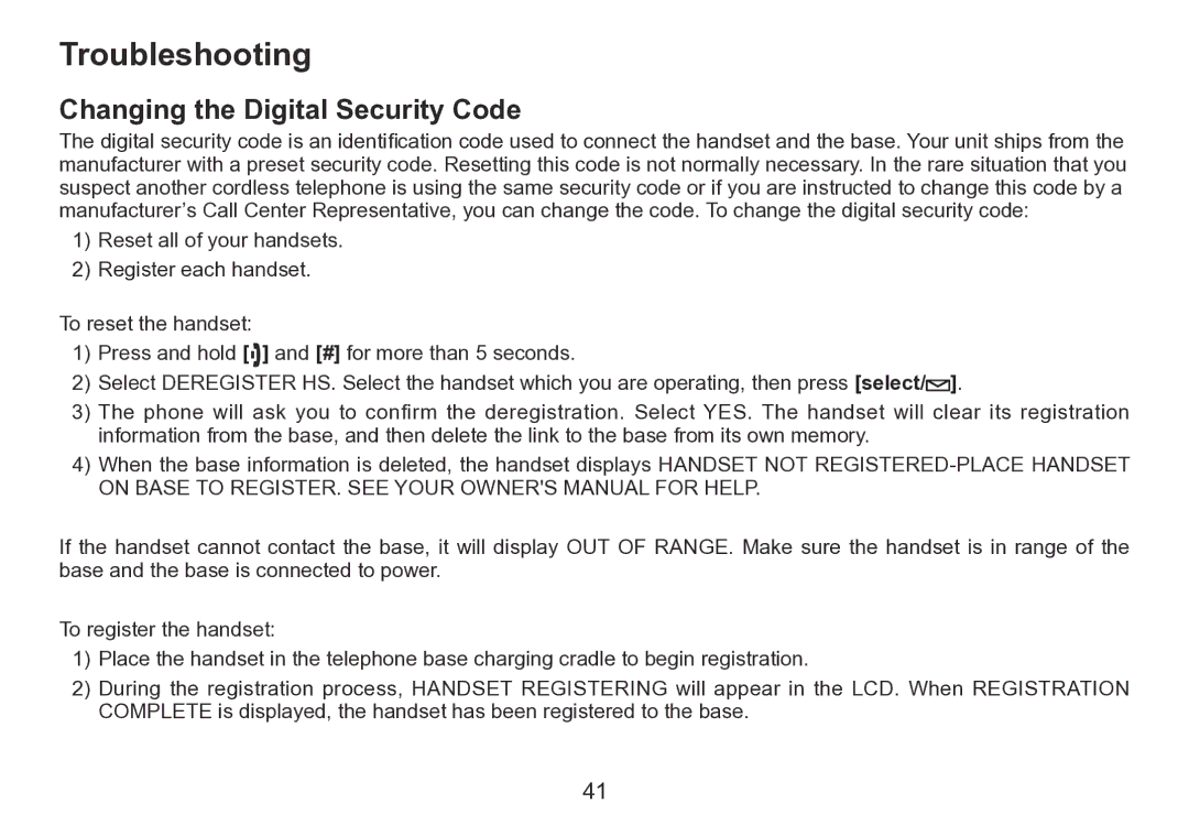 Uniden TRU9260 Series manual Troubleshooting, Changing the Digital Security Code 