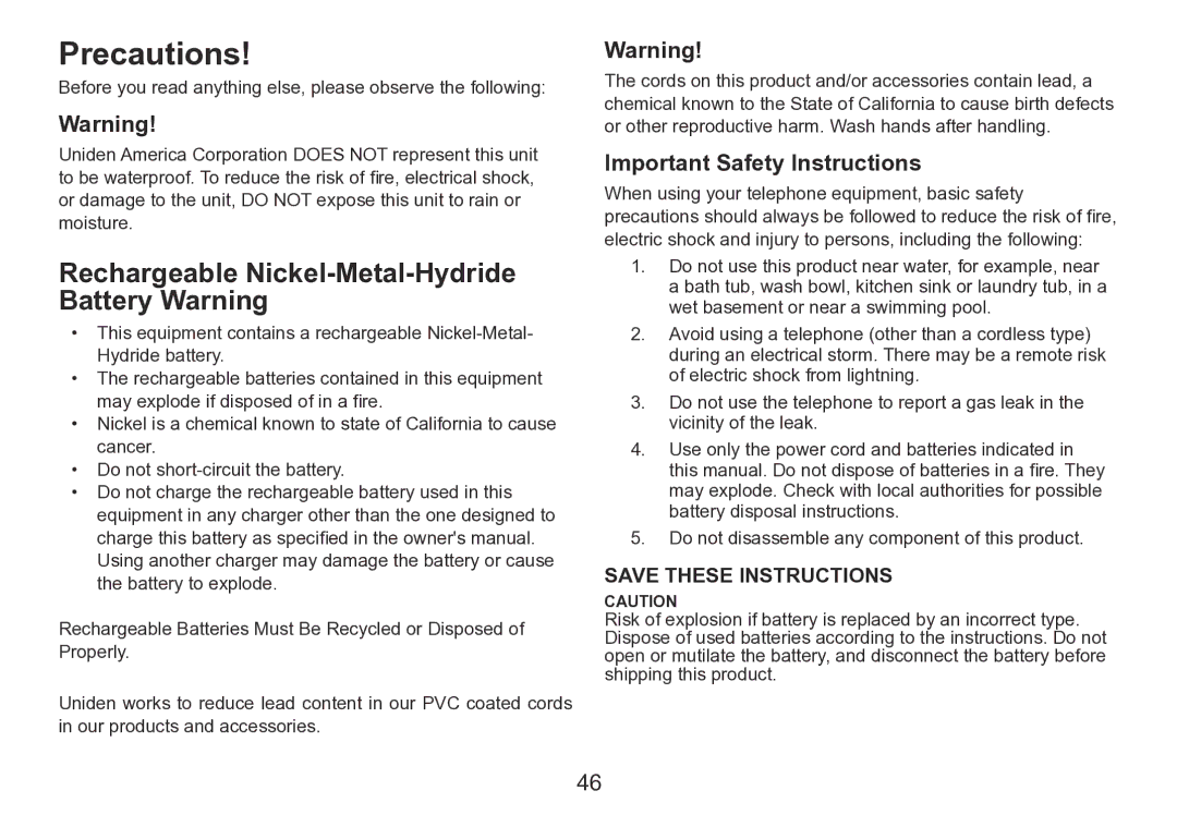 Uniden TRU9260 Series manual Precautions, Rechargeable Nickel-Metal-Hydride Battery Warning, Important Safety Instructions 