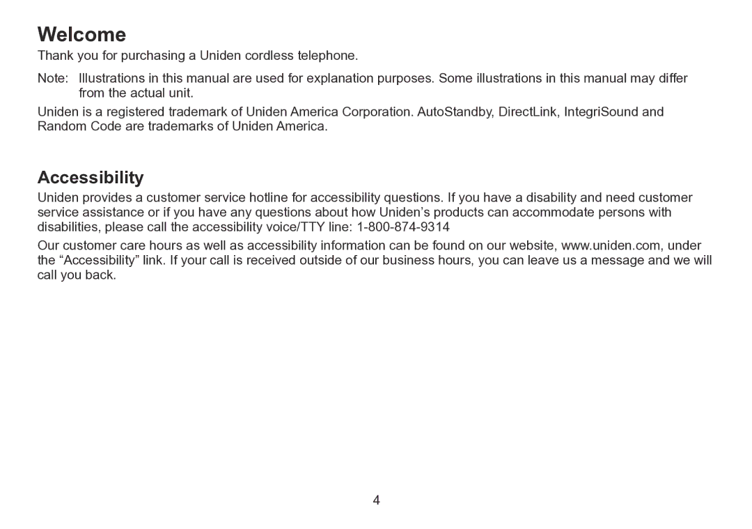 Uniden TRU9260 Series manual Welcome, Accessibility 