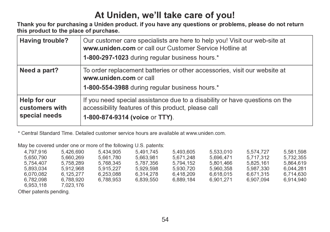 Uniden TRU9260 Series manual At Uniden, we’ll take care of you 