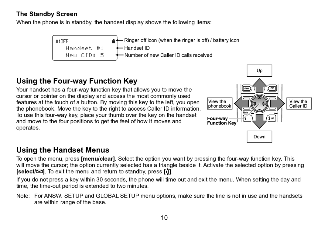 Uniden TRU9280 manual Using the Four-way Function Key, Using the Handset Menus, Standby Screen 