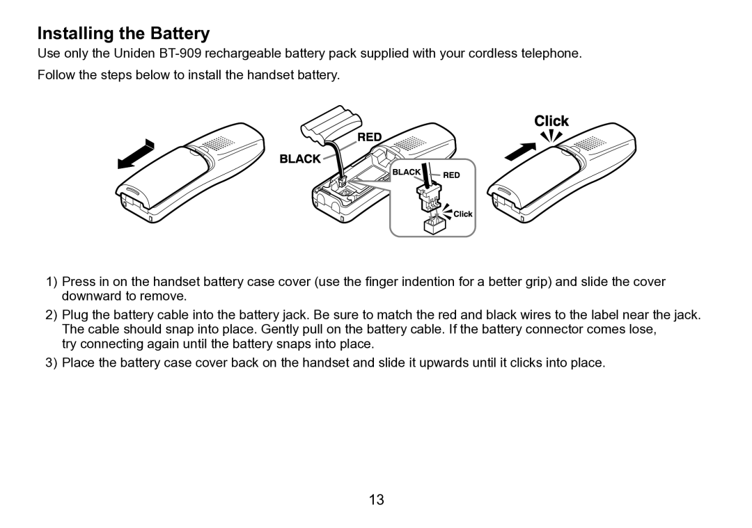 Uniden TRU9280 manual Installing the Battery 