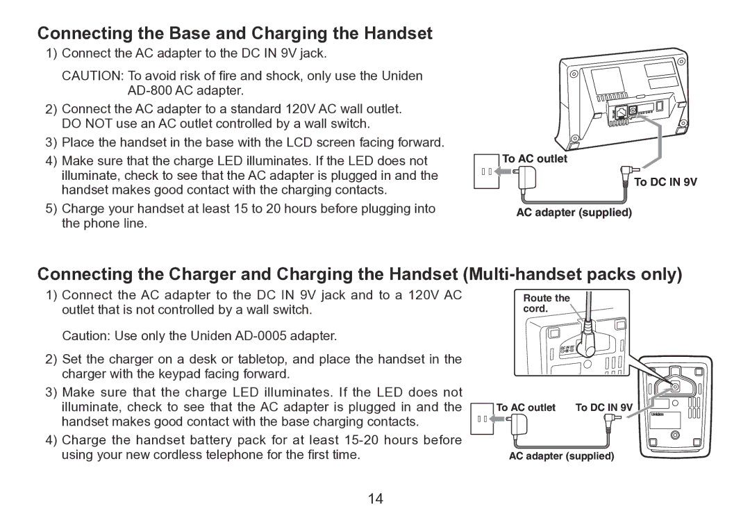 Uniden TRU9280 manual Connecting the Base and Charging the Handset 