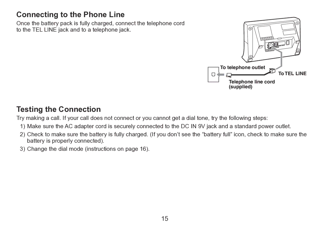 Uniden TRU9280 manual Connecting to the Phone Line, Testing the Connection 