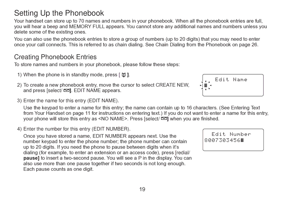 Uniden TRU9280 manual Setting Up the Phonebook, Creating Phonebook Entries, Enter the name for this entry Edit Name 