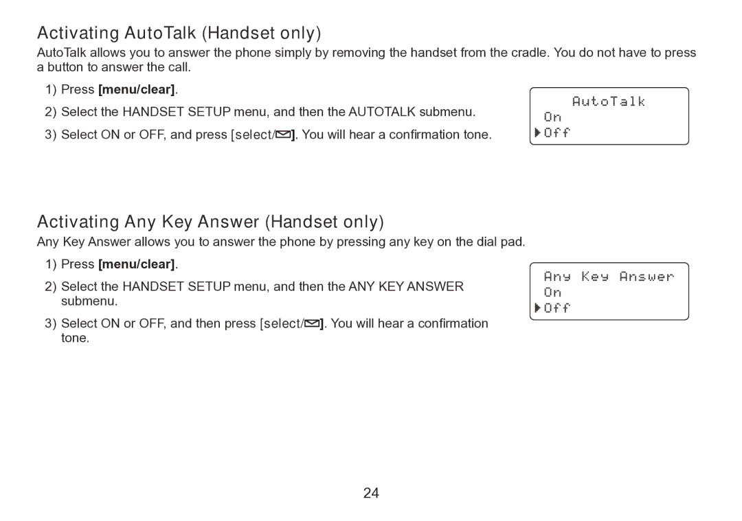 Uniden TRU9280 manual Activating AutoTalk Handset only, Activating Any Key Answer Handset only,  Press menu/clear 