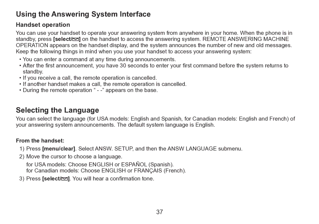 Uniden TRU9280 manual Using the Answering System Interface, Selecting the Language, Handset operation 