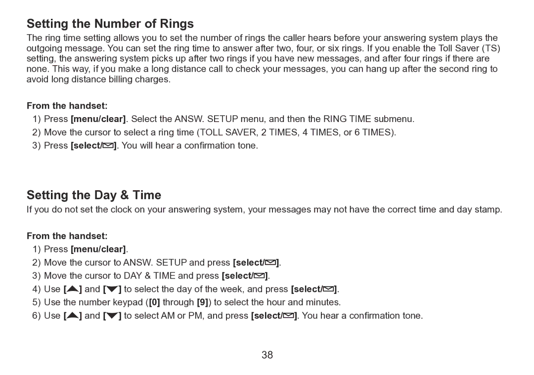 Uniden TRU9280 manual Setting the Number of Rings, Setting the Day & Time 