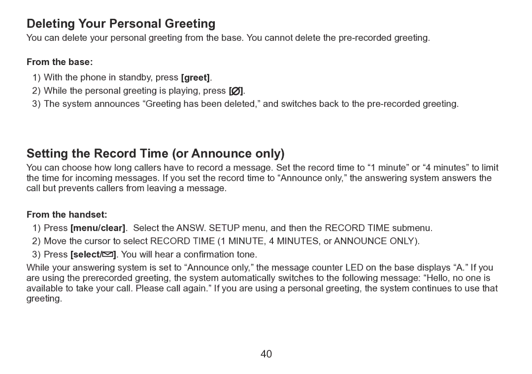 Uniden TRU9280 manual Deleting Your Personal Greeting, Setting the Record Time or Announce only 