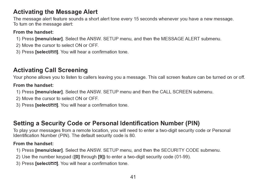 Uniden TRU9280 manual Activating the Message Alert, Activating Call Screening 