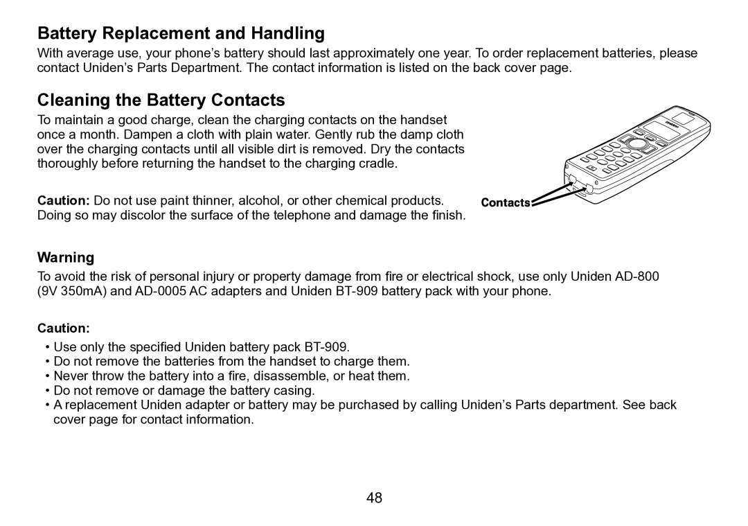 Uniden TRU9280 manual Battery Replacement and Handling, Cleaning the Battery Contacts 