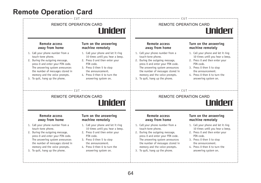 Uniden TRU9280 manual Remote Operation Card, Remote access Away from home 