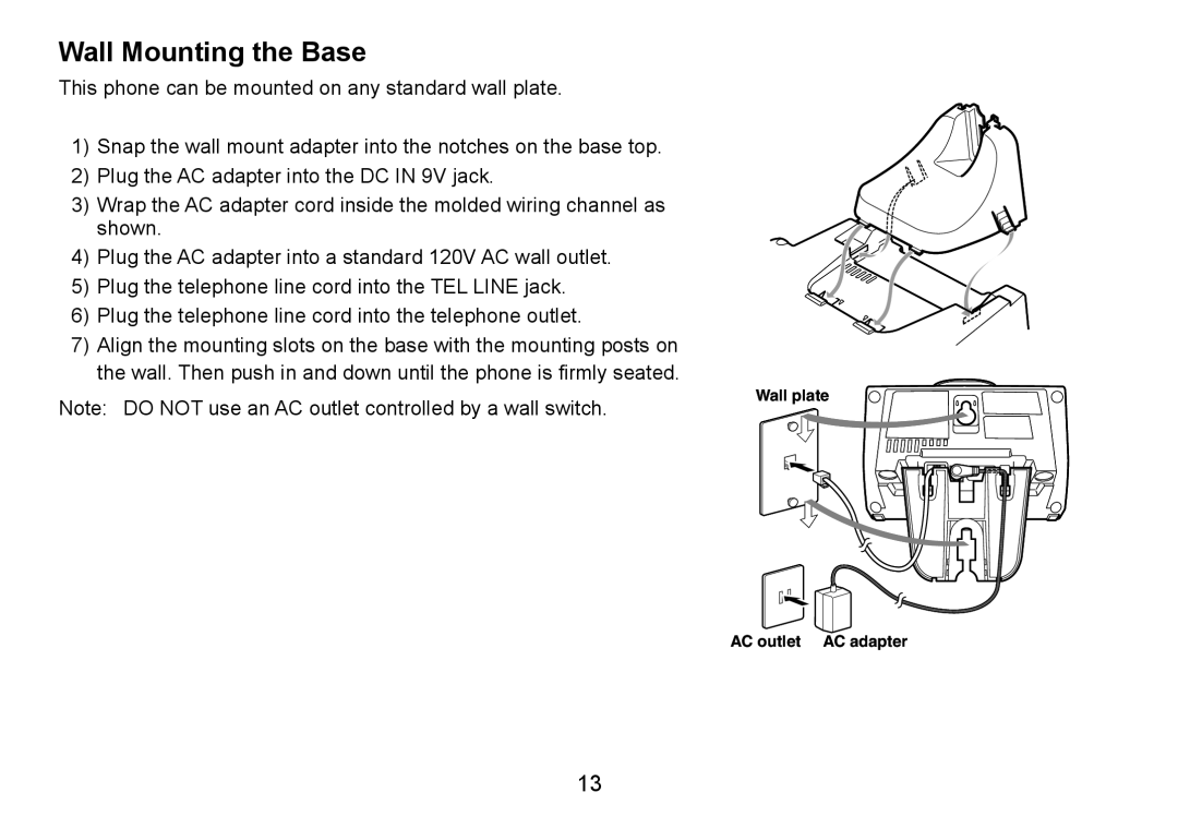 Uniden TRU9380-3 manual Wall Mounting the Base 